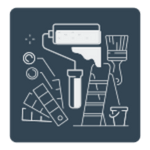 Interior Price Estimates 294 Painting supplies: roller, brushes, ladder, and color swatches for interior pricing.