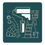 Pricing 5 (1) Painting supplies: roller, brush, ladder, and color swatches for exterior projects.