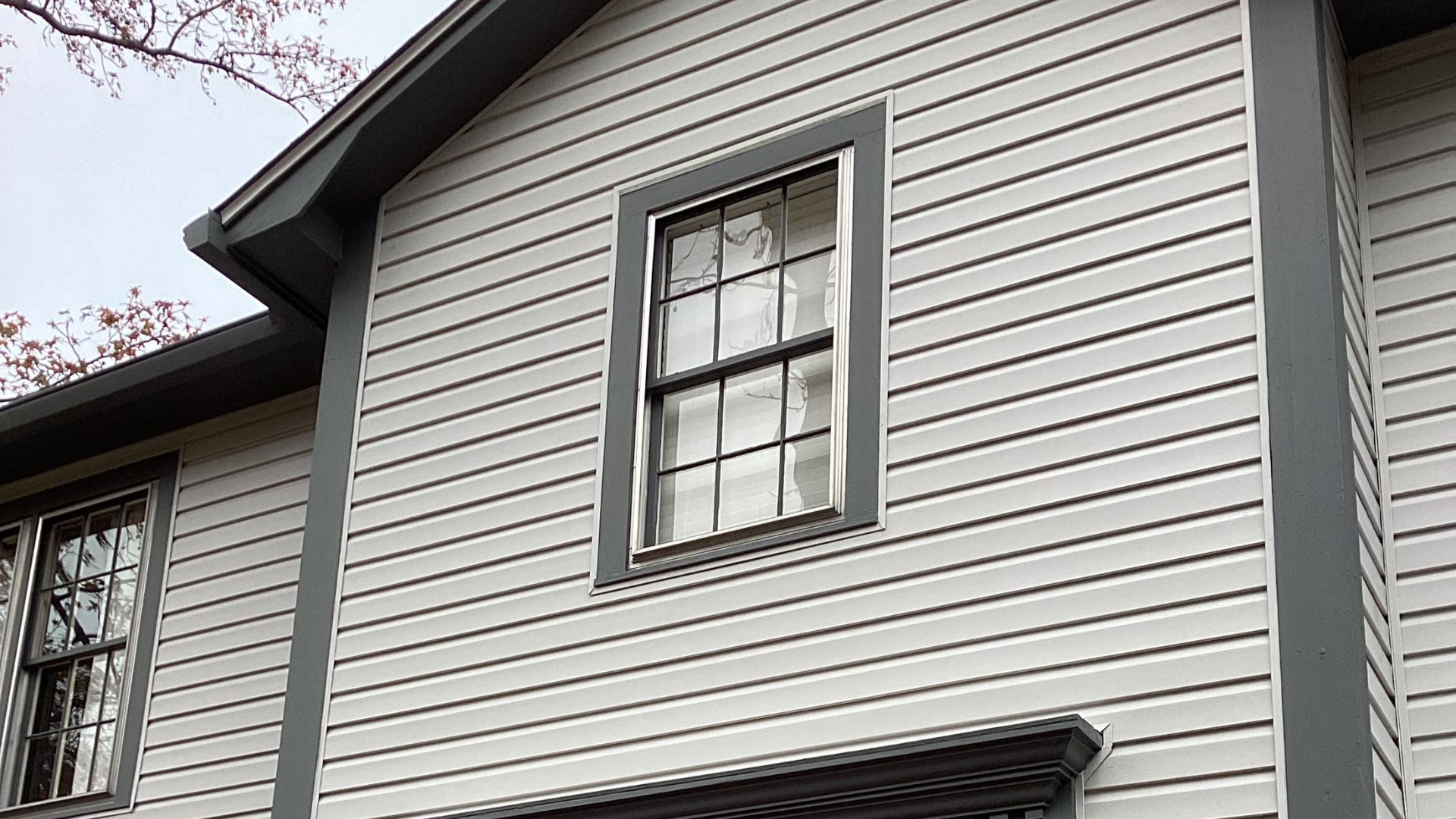 Close-up of light gray vinyl siding and a dark gray window trim on a house.