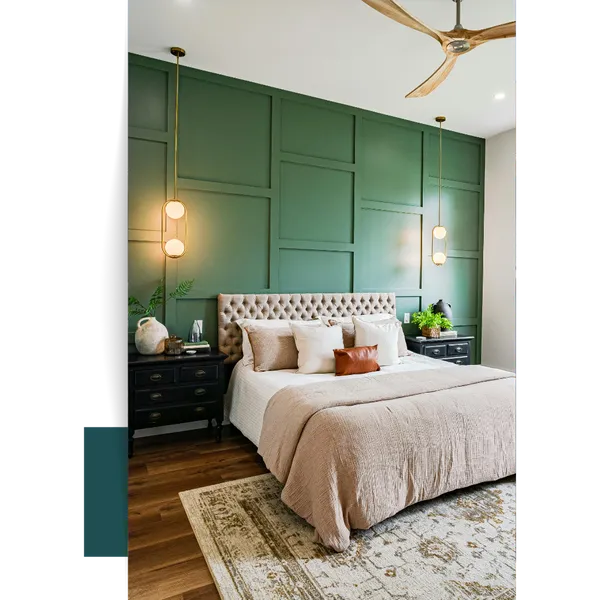 Green Accent Wall Bedroom Tufted Headboard Neutral Bedding Quality Interior & Exterior Finishes