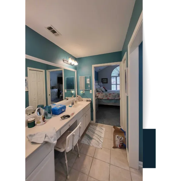 Teal Bathroom Vanity With Mirror And Bedroom View Completely Transform Your Pickens County Home