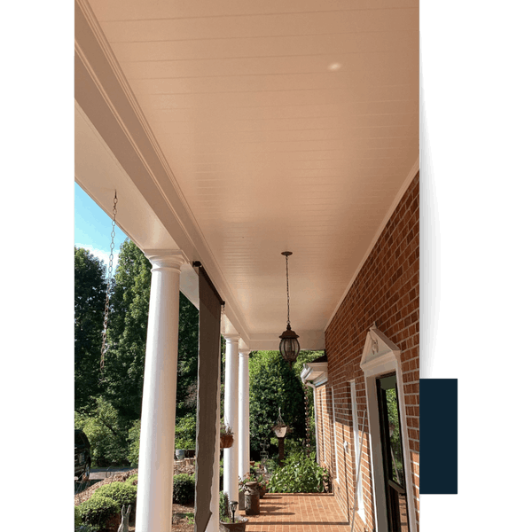 White Porch Ceiling With Hanging Lantern And Columns Newly painted hallway